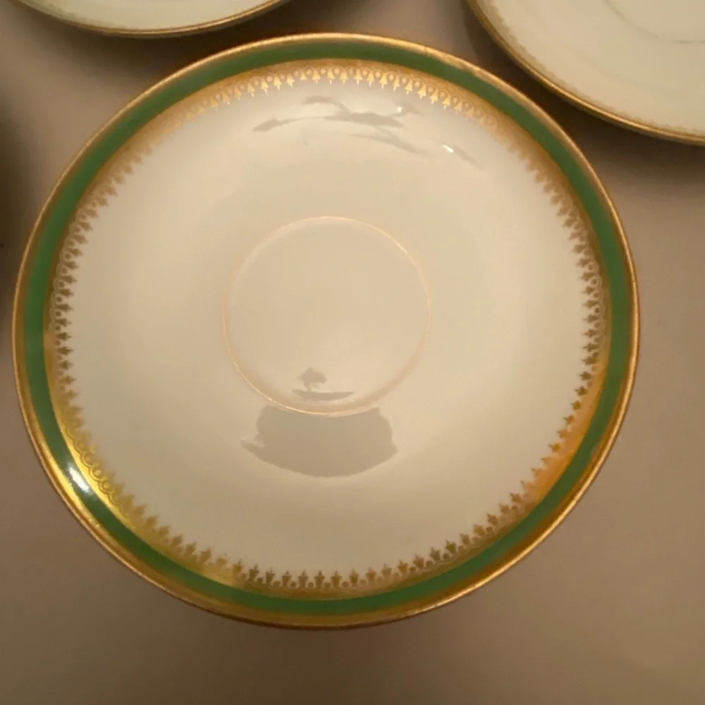 D & C Limoges Elegant Gold and Green Rimmed Porcelain Saucer Set